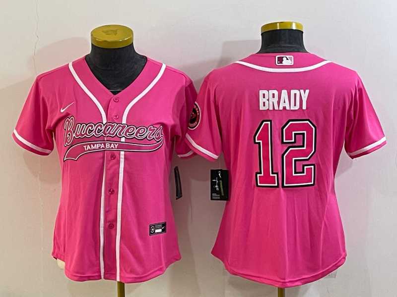 Women%27s Tampa Bay Buccaneers #12 Tom Brady Pink With Patch Cool Base Stitched Baseball Jersey
